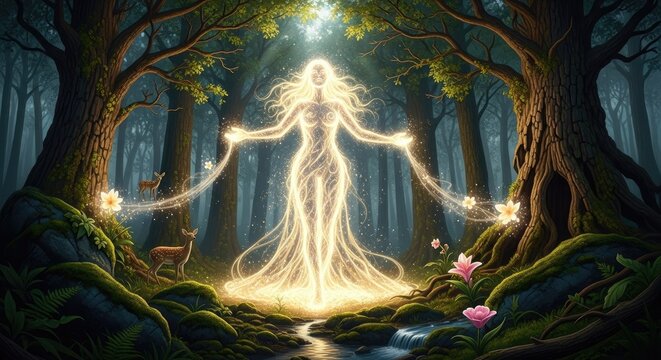 Glowing ethereal female spirit in magical dark forest landscape.