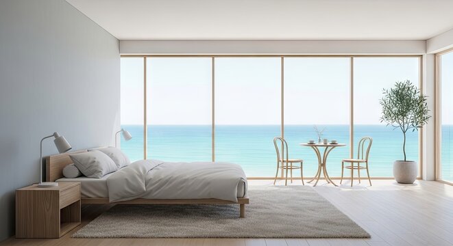 Luxury bedroom interior with panoramic ocean view window.