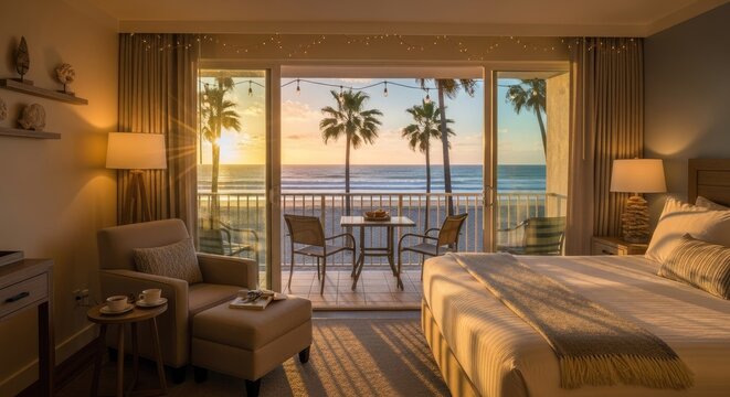 Luxury bedroom balcony view overlooking tropical sunset beach.
