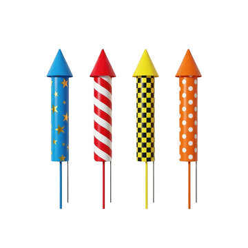 Four colorful decorative fireworks rockets with different patterns isolated on transparent background
