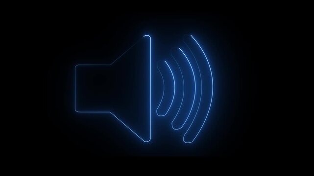 Glowing neon sound icon audio music speaker animation video  on a black background .