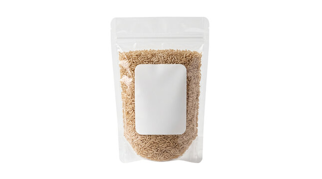 Transparent plastic pouch with brown grains and white label, stand-up food packaging mockup, clear doy-pack bag for organic seeds or cereal isolated PNG with Transparent Background