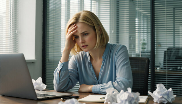 Stressed blonde woman at office desk, overwhelmed by work, symbolizing mental health challenges and workplace anxiety.