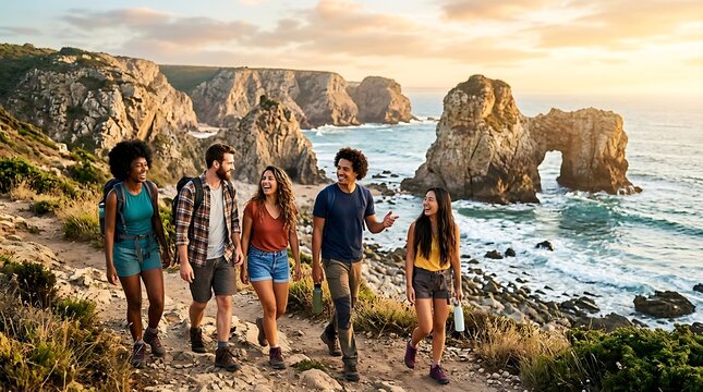 Group of diverse young friends hiking along coastal beach path near rocky shore