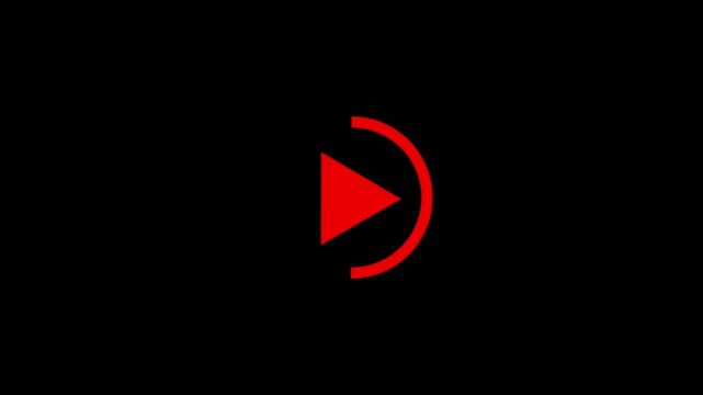 Red circle play button animation with white triangle icon on black background. 4k video