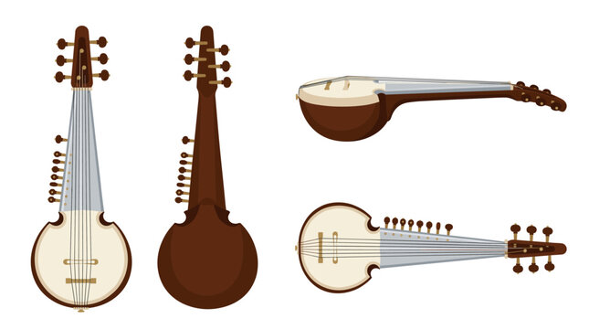 Sarod Indian String Musical Instrument with Front Side Rear and Perspective Views Vector Illustration