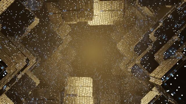 A smooth flight through a vast golden geometric tunnel filled with glowing particles and complex architectural structures.