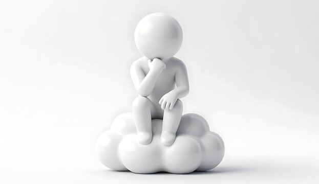 3D minimal white character sitting on a cloud in a thinking pose, creative brainstorming and cloud computing concept, isolated on a white background
