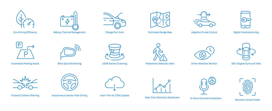 Autonomous Driving and Automotive Technology Vector Icons