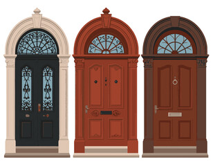Obraz premium Set of three classic wooden entrance doors with decorative glass fanlight windows, flat vector illustration isolated on white background.