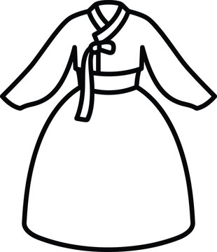 Korean Hanbok traditional dress icon, minimalist black outline vector of ethnic clothing, female oriental fashion garment illustration