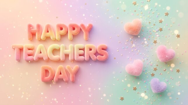 Happy teachers day greeting card design with colorful 3d text and soft pastel confetti background
