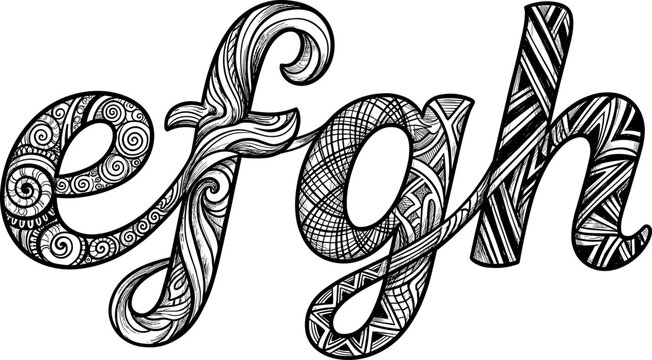 Hand drawn ornate script alphabet letters e f g h with intricate doodle pattern isolated on white background vector illustration