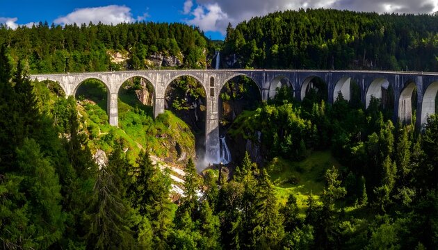 Stone railway viaduct stands tall over a lush green pine forest valley under a bright blue sky.