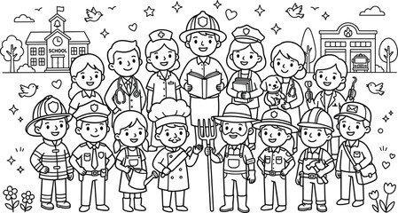 Fototapeta premium Happy diverse group of community helpers and essential workers with children standing near school building outline vector coloring page illustration