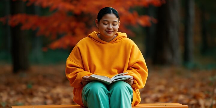 Young reader sitting on a bench in autumn woods wearing a yellow hoodie for cozy background and poster design