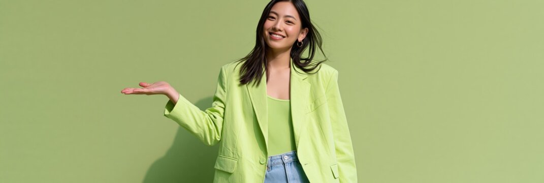 Smiling woman in lime blazer presenting with open palm on green backdrop for banner and marketing advertisement and website header