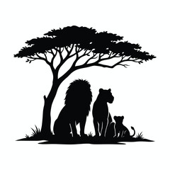 Lion family silhouette under acacia tree with grassy landscape black on white © Minhaz