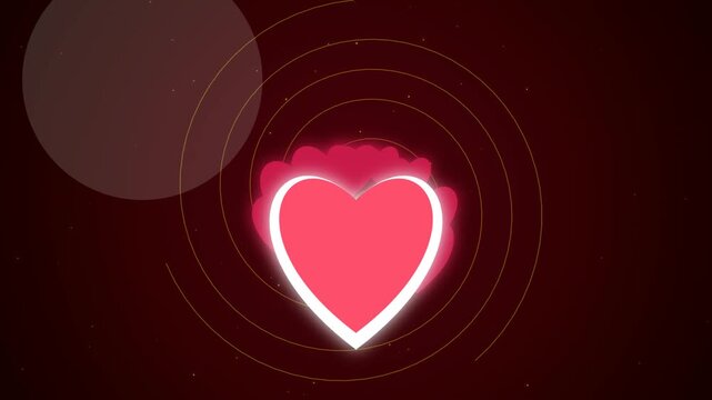 Glowing pink heart symbol with concentric light rings on a dark red background representing love and passion