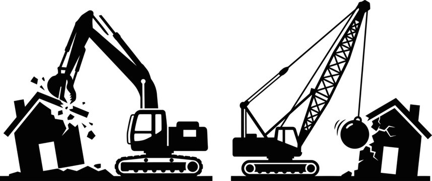 Black and white construction icon set featuring heavy machinery demolishing residential houses and buildings for site development