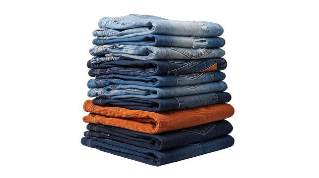 A neat stack of folded blue denim jeans and one orange pair isolated on a black background