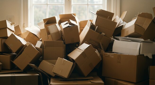 Large pile of assorted brown cardboard boxes stacked haphazardly, symbolizing recycling and sustainable lifestyle practices.