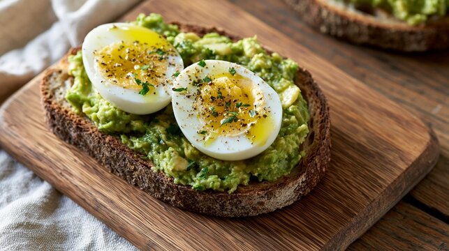Close-up of mashed avocado spread on rustic bread with boiled eggs. Healthy breakfast or snack idea for nutritious eating.
