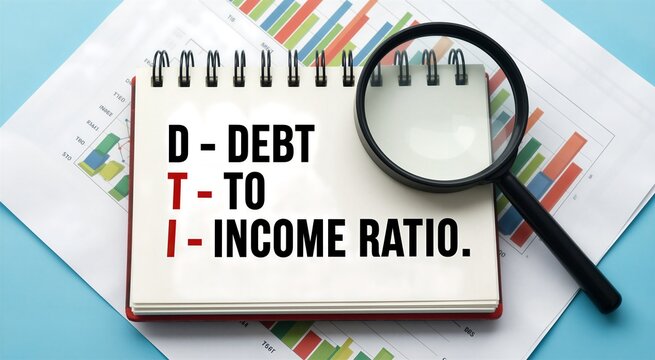 Notebook with Debt-to-Income Ratio calculation over financial charts for budget planning.