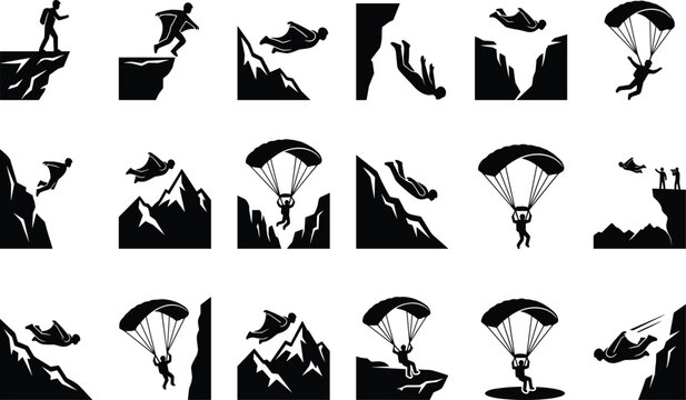Base jumping wingsuit flying vector silhouette set, cliff parachuting action, skydiving mountain sports, extreme air activity icons, isolated black design