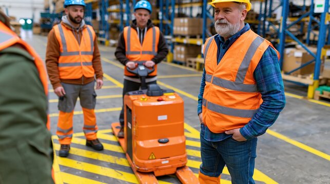 Warehouse supervisor demonstrating safe pallet jack spacing to logistics team