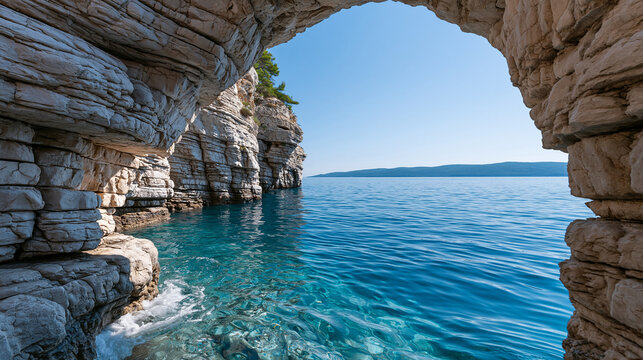 Sunlit sea cave with waves gently lapping against ancient rock walls, sea cave, sunlit water, ancient rock walls, natural landmark, scenic coastline, travel destination, with copy