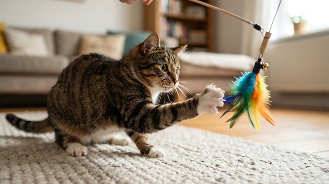 A cute domestic tabby cat playfully pouncing on a colorful feathered wand toy held by its owner in a cozy bright living room during an afternoon of indoor pet fun