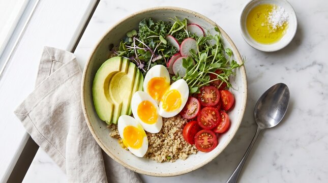 Healthy breakfast bowl with avocado, eggs, and fresh vegetables. Nutritious meal for wellness and diet plans.