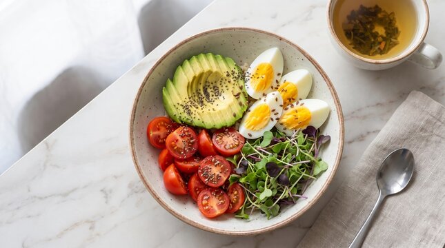 Healthy breakfast bowl with fresh fruits and eggs. Nutritious meal for wellness and diet plans.