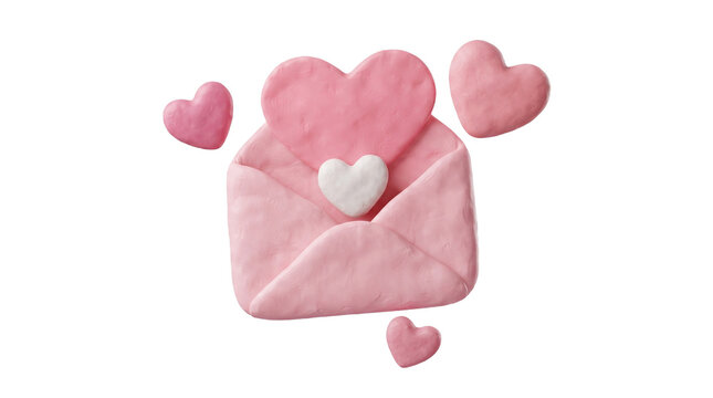 Cute pink clay envelope with hearts isolated on a white background for valentines day greeting cards