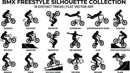 Fototapeta premium BMX freestyle silhouette collection featuring 18 distinct tricks, tailwhip, backflip, superman, barspin, 360 spin, manual, extreme sports vector flat art