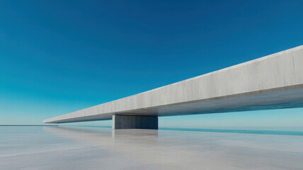 Fototapeta premium Minimalist modern concrete structure extending over a calm reflective water surface under a clear blue sky.