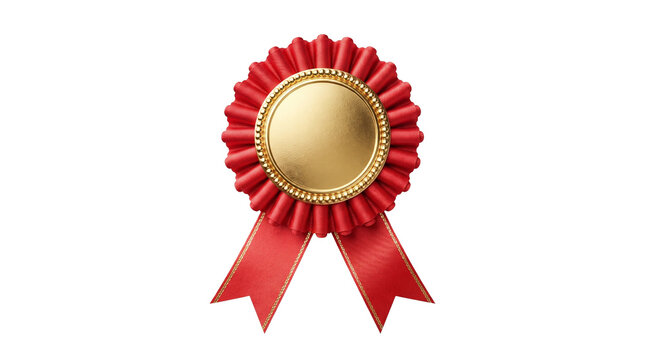 A red fabric rosette award ribbon with a blank gold center medallion isolated on a white background