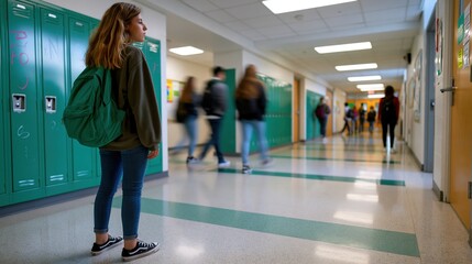 Fototapeta premium Student standing alone by lockers in modern school hallway