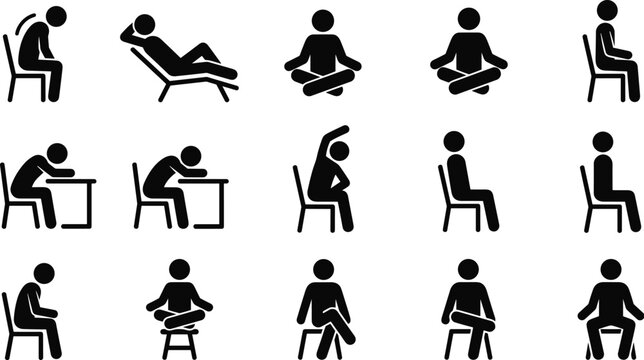 Sitting posture stick figure icon set showing positions like slouching meditating relaxing and working vector.