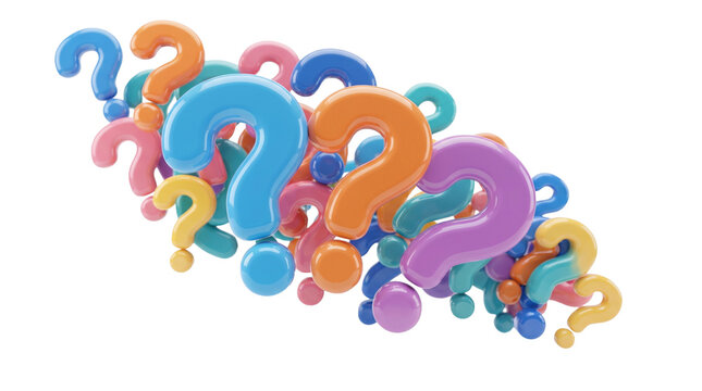 A collection of colorful 3d question marks floating against a solid black background representing confusion and inquiry