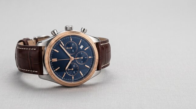 Luxury chronograph watch with leather strap. Elegant men's wristwatch on grey background.