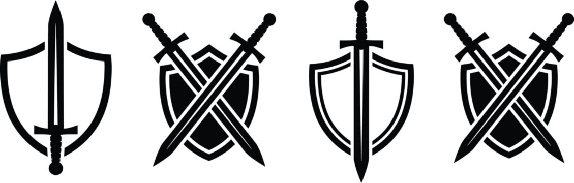 Set of four black and white heraldic shield and sword emblems for medieval fantasy design projects