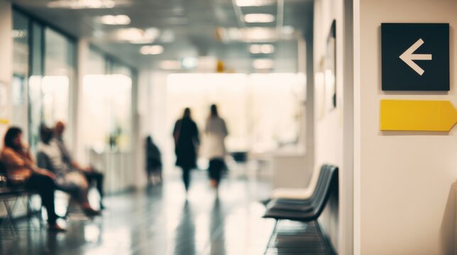 Medium shot capturing clear modern signage directing to consultation rooms in a clean outpatient waiting space with chairs and relaxed visitors softly out of focus.