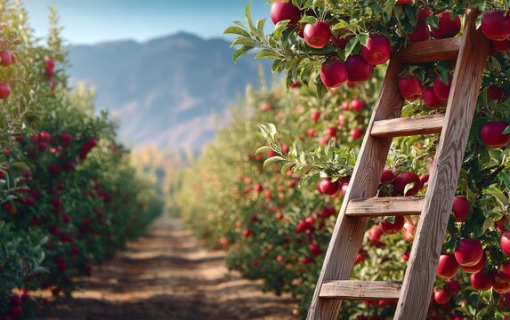 Wooden ladder leaning on apple tree in orchard during autumn harvest time