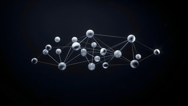 Floating porcelain spheres linked by ultra thin silver wires in dark studio &ndash; Suitable for deep learning concepts, neural network visualization, or research connections.