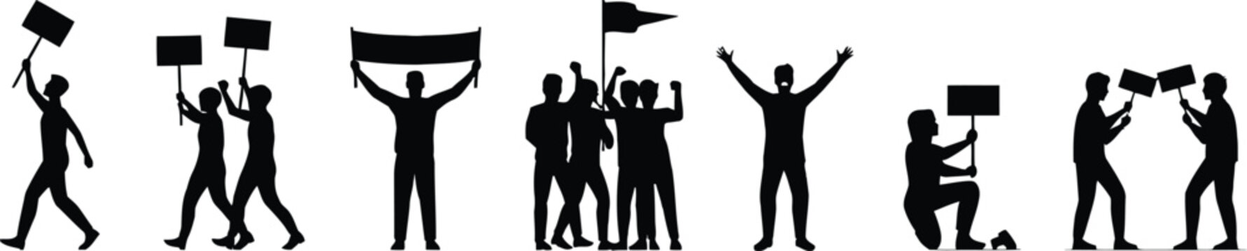 Protest Demonstration Silhouette Collection Featuring People Holding Blank Banners Flags and Placards Isolated on White Background Vector Illustration