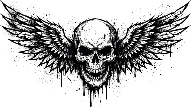 Abstract human skull with wings vector illustration with urban graffiti spray paint style grunge black ink splatters on white background