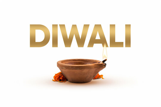 A traditional lit clay oil lamp known as a diya illuminates the scene with a vibrant flame positioned below the elegant golden text DIWALI and surrounded by festive orange marigold flowers