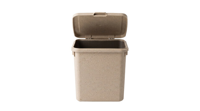 Small beige speckled compost bin with an open lid isolated on a white background